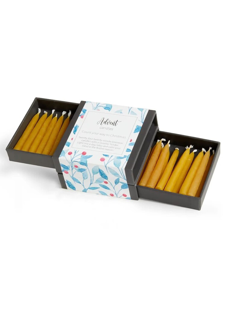 Advent Candles - 24 Mini Kerzen aus Bienenwachs mit zwei Keramikhaltern