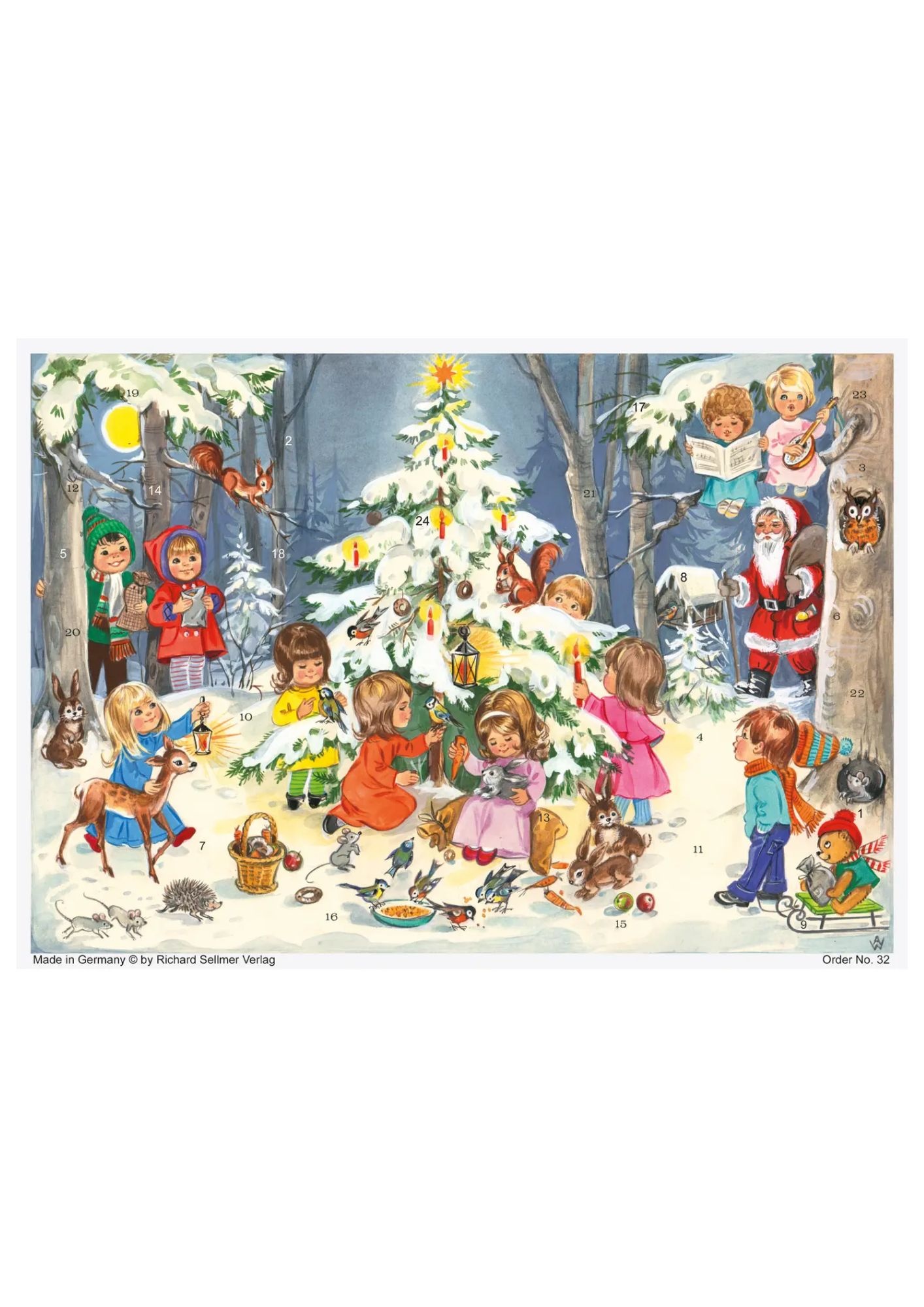 Adventskalender A4 Kinder um den Baum im Wald