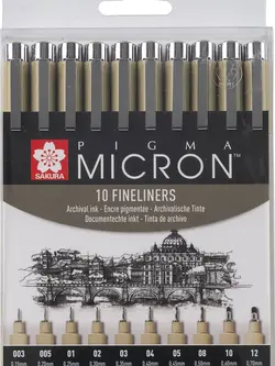 10 Fineliners Schwarz - Sakura Pica Micron 0,15mm - 0,70mm