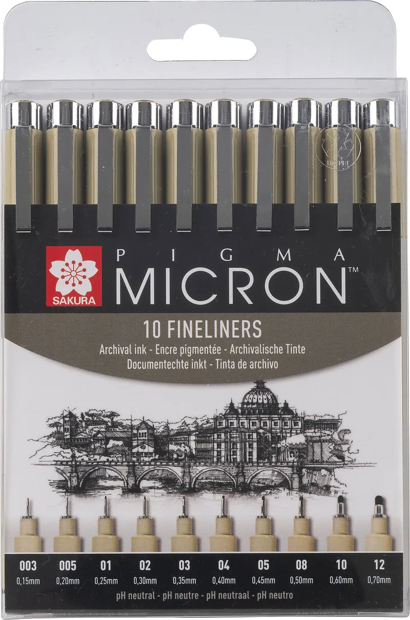 10 Fineliners Schwarz - Sakura Pica Micron 0,15mm - 0,70mm