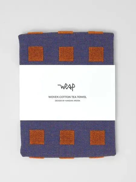 WRAP Geschirrtuch Blau mit orangen Quadraten