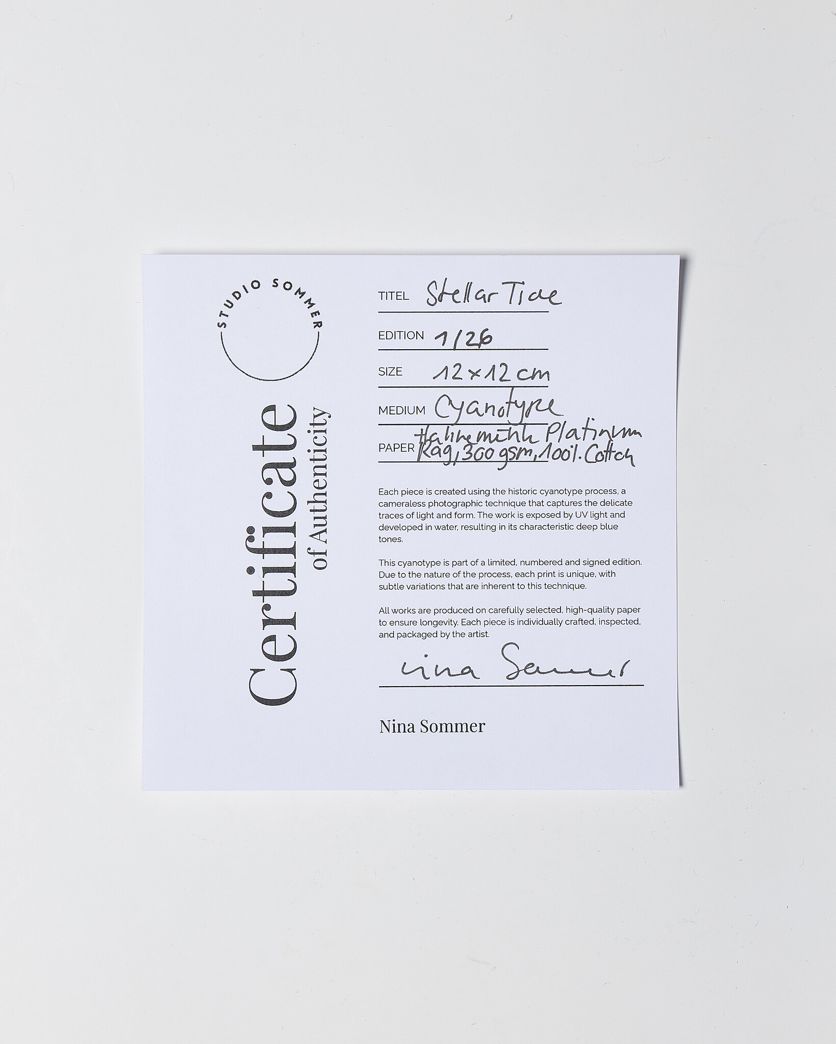 STUDIO SOMMER Original Cyanotype Edition N°3/26 – STELLAR TIDE – 12x12cm