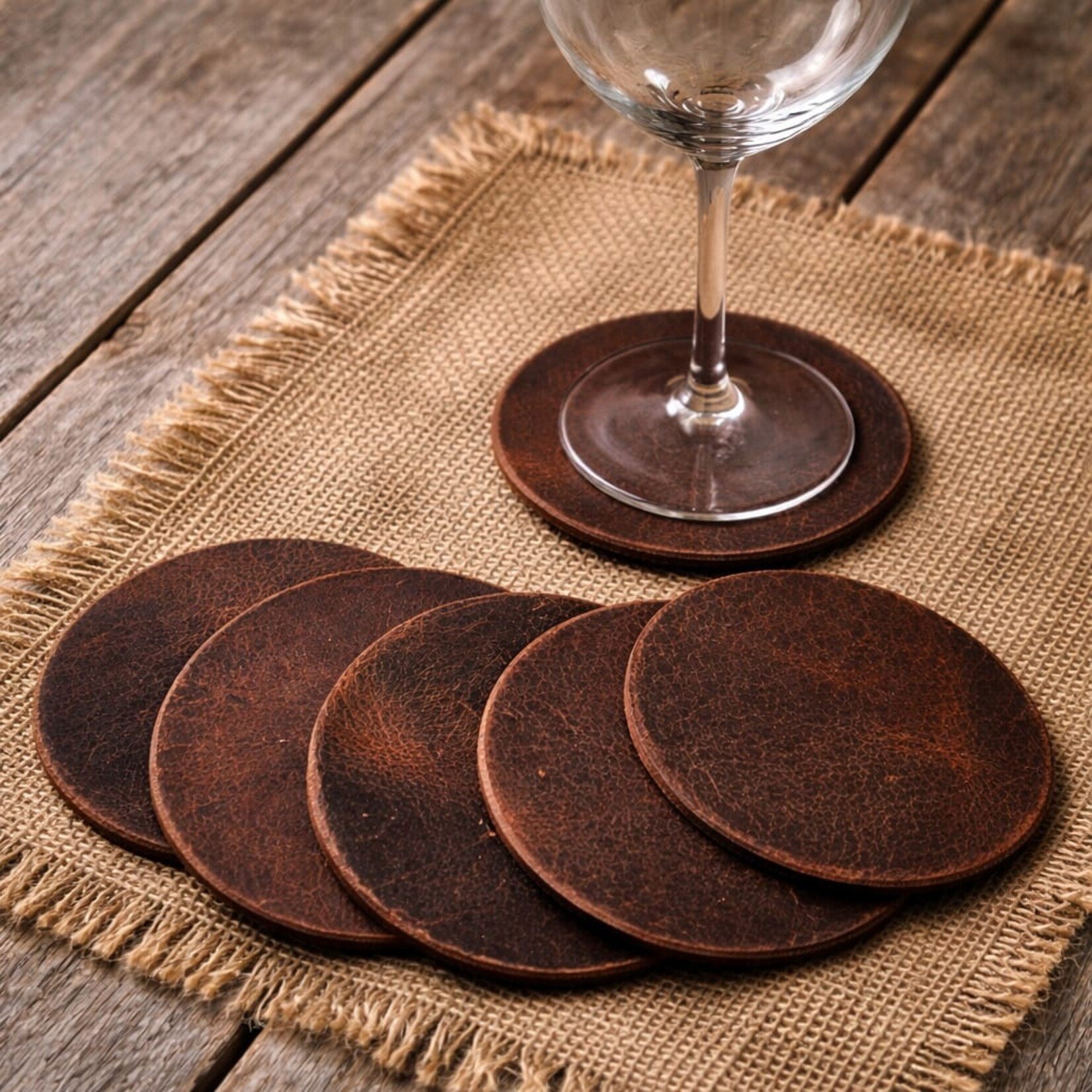 Bij Lien leren onderzetters  bruin gecraqueleerd set van 6 stuks