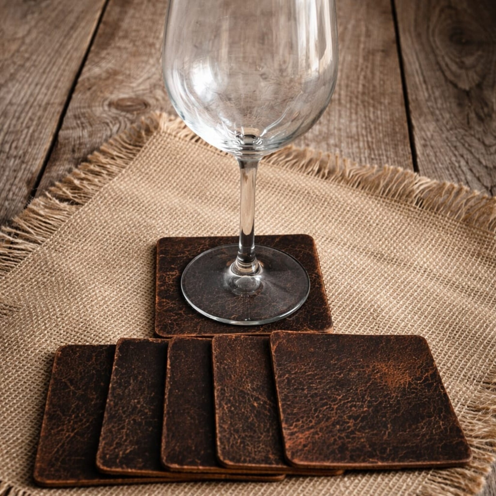 Bij Lien leren onderzetters  bruin gecraqueleerd VIERKANT set van 6 stuks