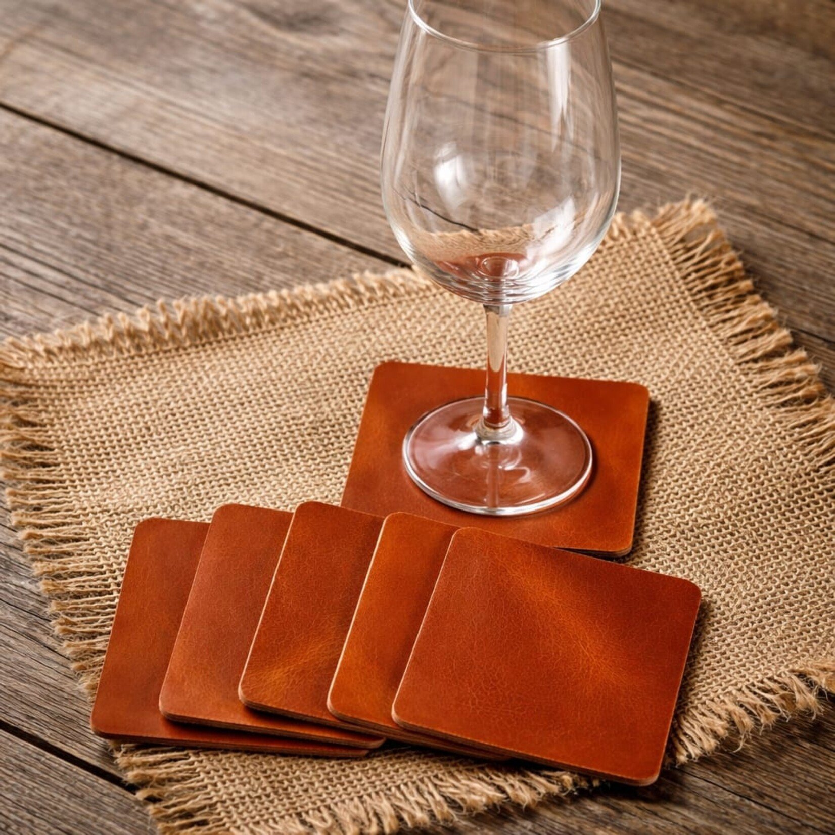 Bij Lien leren onderzetters Cognac VIERKANT set van 6 stuks