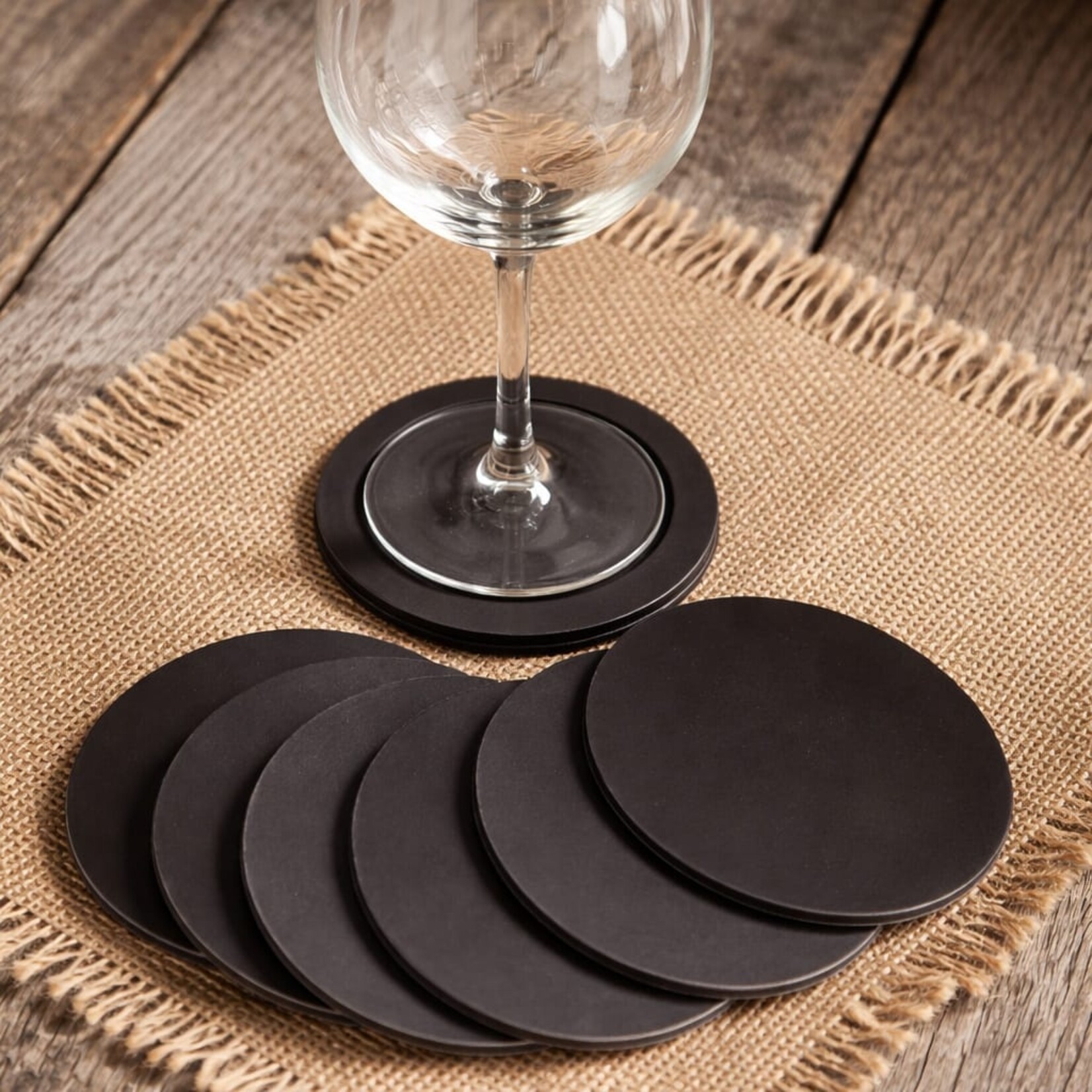 Bij Lien leren onderzetters zwart rond set van 6 stuks