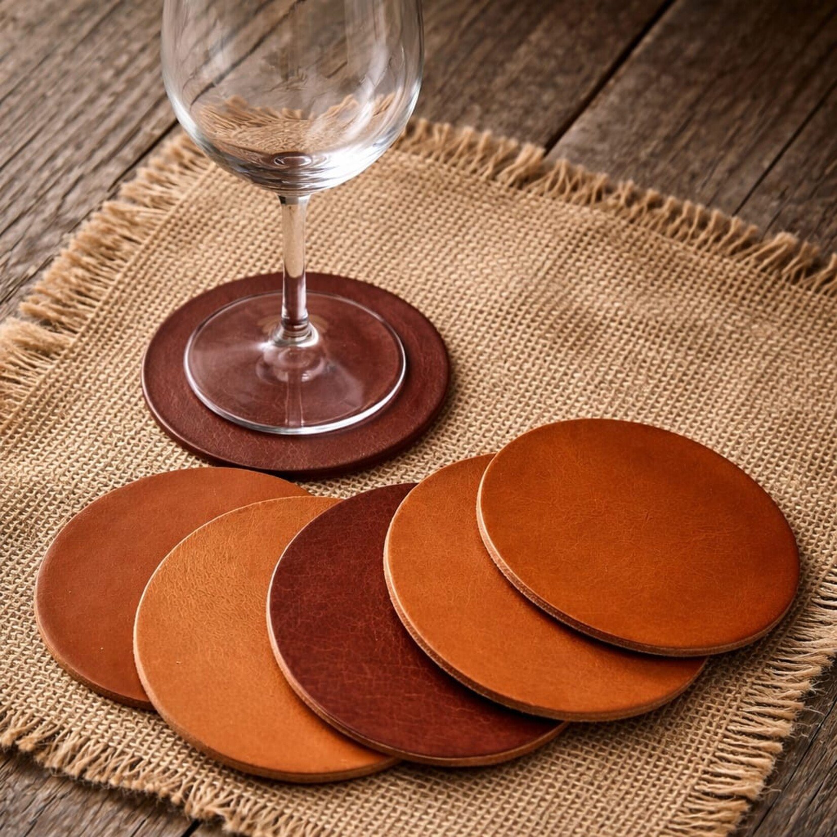 Bij Lien leren onderzetters cognac rond set van 6 stuks