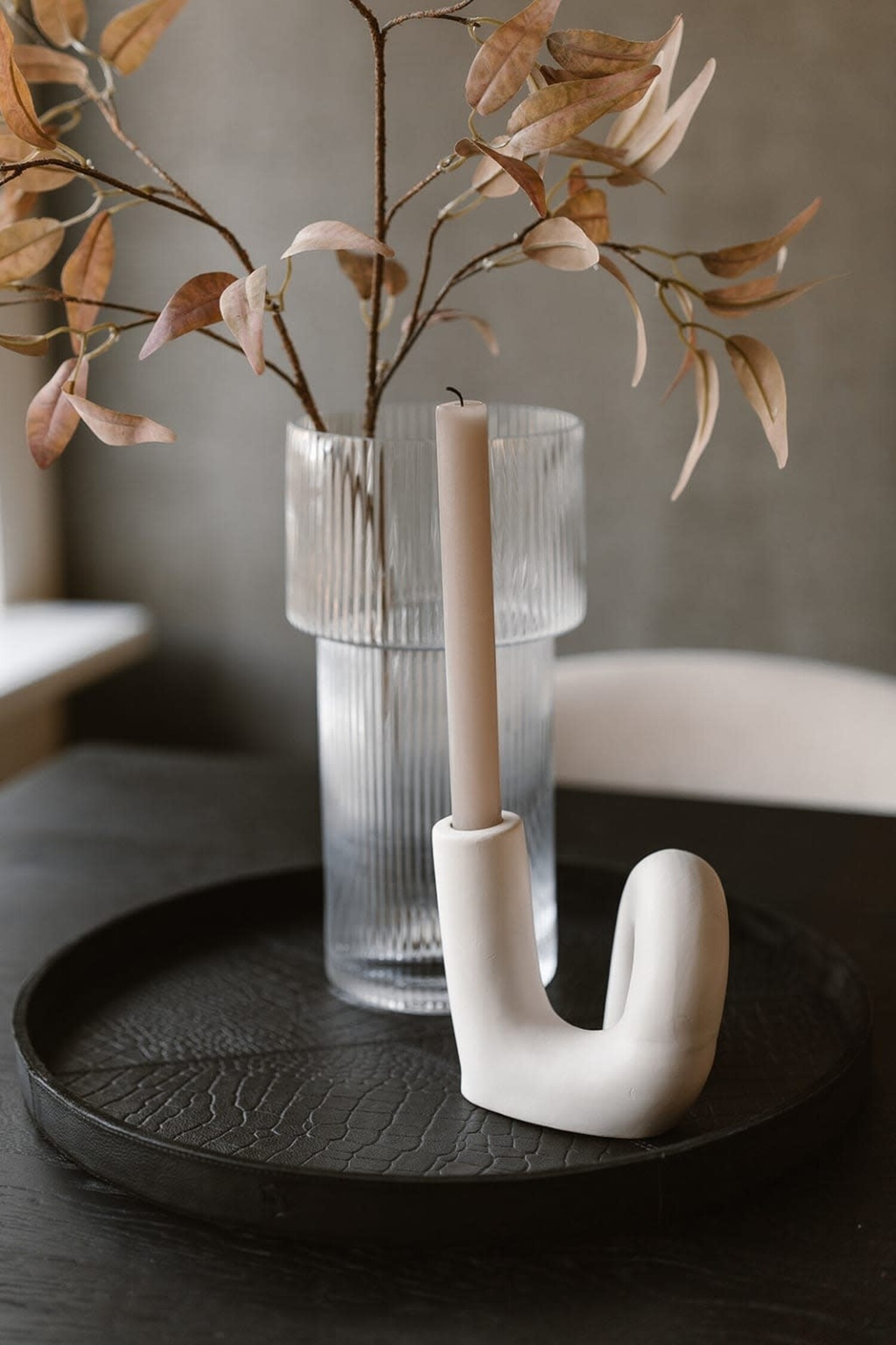 Chamada Decoratief dienblad leren tray rond Merel zwart L