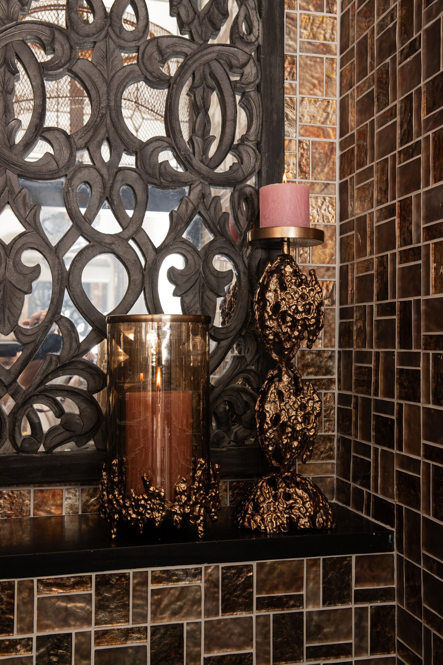 PTMD Collection Barrie Brown Gold glazen windlicht bruin aluminium