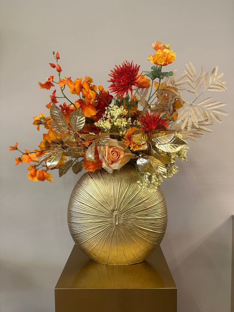 Kunstboeket Herfstgloed en Gouden Vaas Livorno