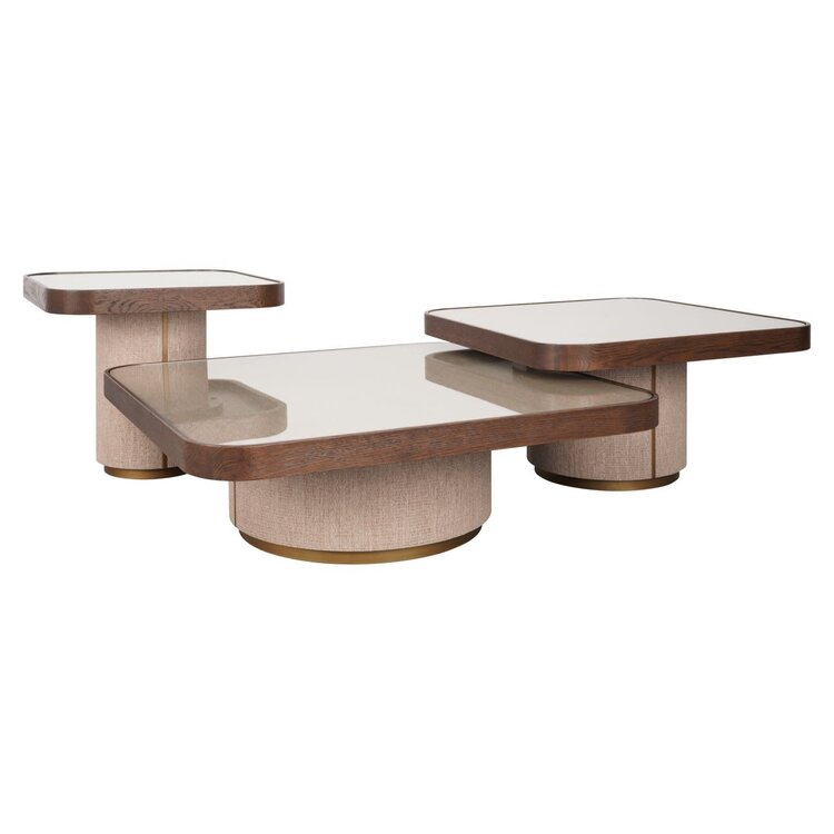 Richmond Interiors Salontafel Willox met glasplaat bruin eiken linnen Set van 2