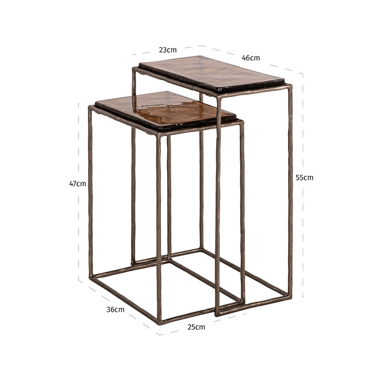 Richmond Interiors Bijzettafel Villano bronze ijzer glas rechthoek Set van 2
