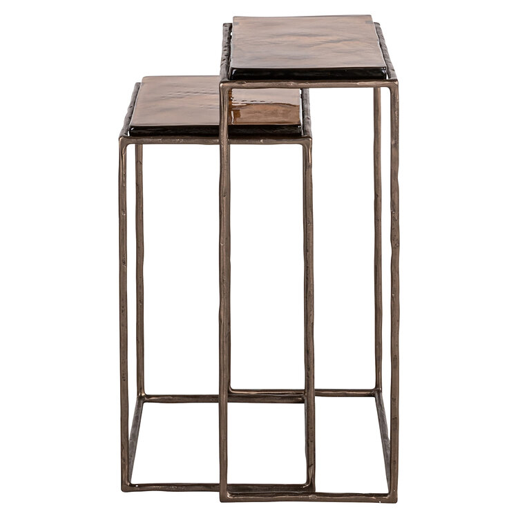Richmond Interiors Bijzettafel Villano bronze ijzer glas rechthoek Set van 2