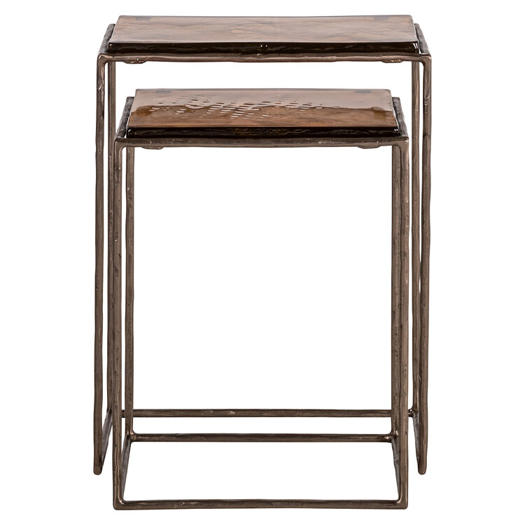 Richmond Interiors Bijzettafel Villano bronze ijzer glas rechthoek Set van 2