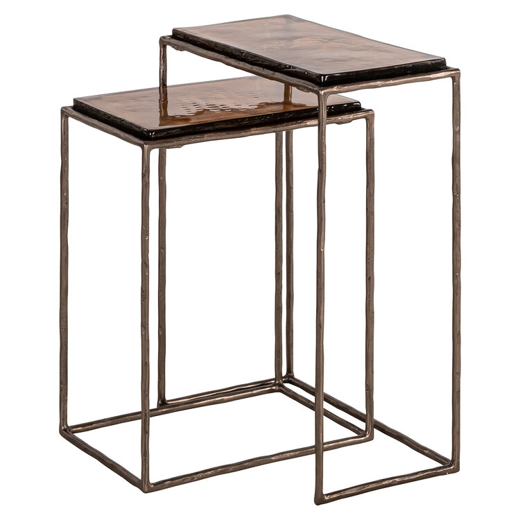 Richmond Interiors Bijzettafel Villano bronze ijzer glas rechthoek Set van 2