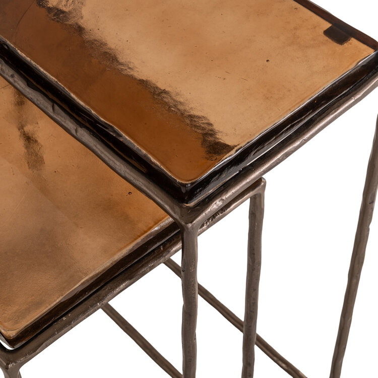 Richmond Interiors Bijzettafel Villano bronze ijzer glas rechthoek Set van 2