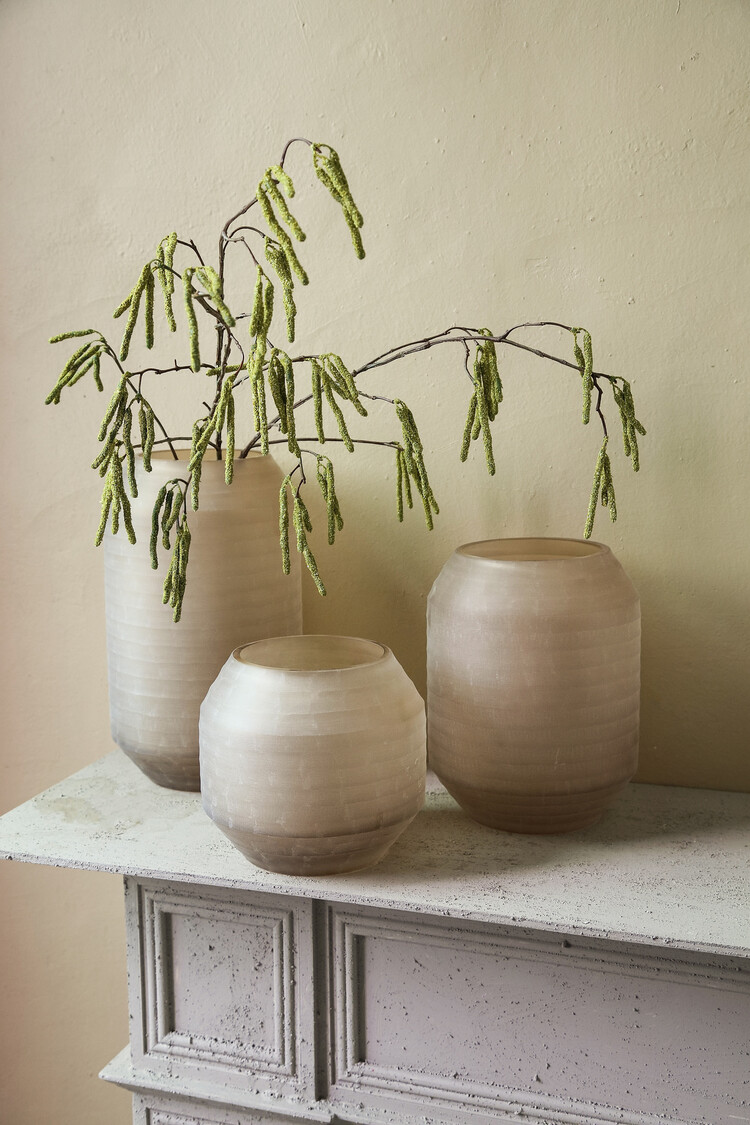 PTMD Collection Malia Beige ronde glazen vaas handgesneden streep Small