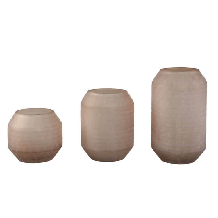 PTMD Collection Malia Beige ronde glazen vaas handgesneden streep Medium