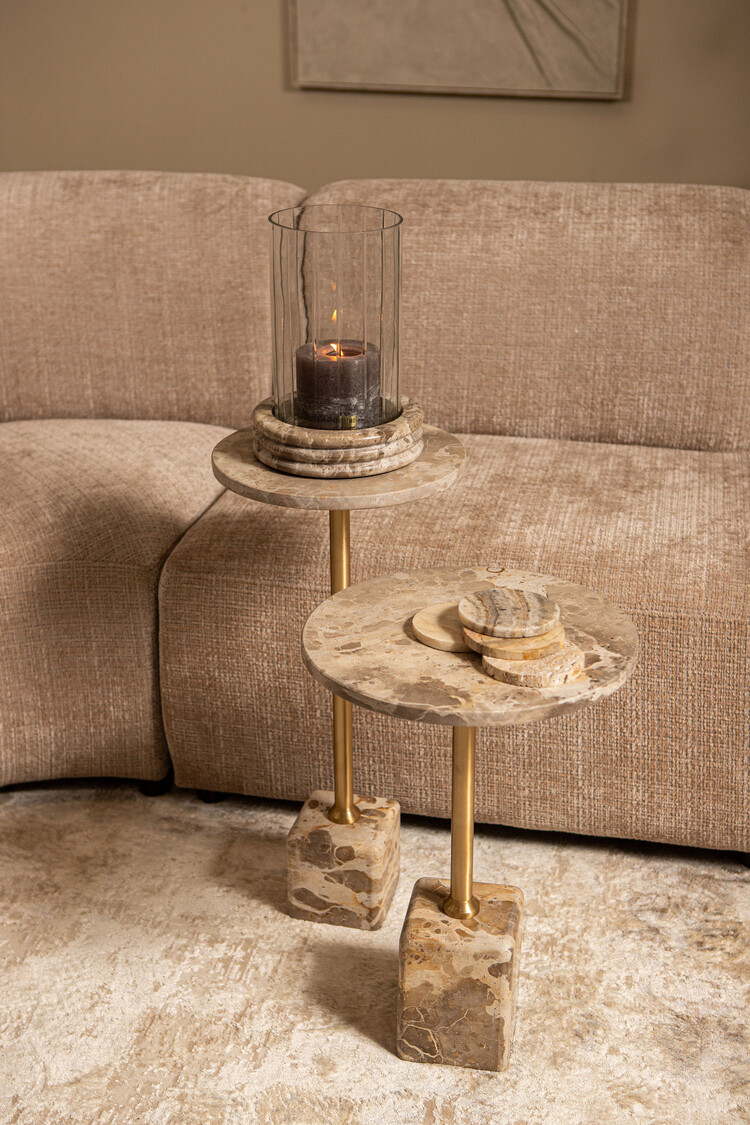 PTMD Collection Ebe Beige Marble bijzettafel marmer rond blad Laag