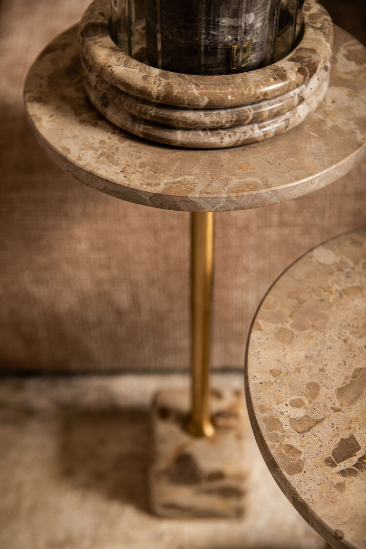 PTMD Collection Ebe Beige Marble bijzettafel marmer rond blad Laag