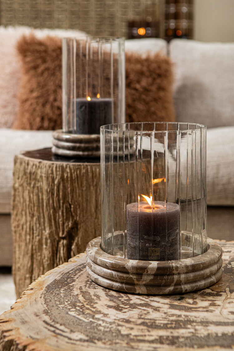 PTMD Collection Jolee Clear Marble windlicht met carved glas rond Small