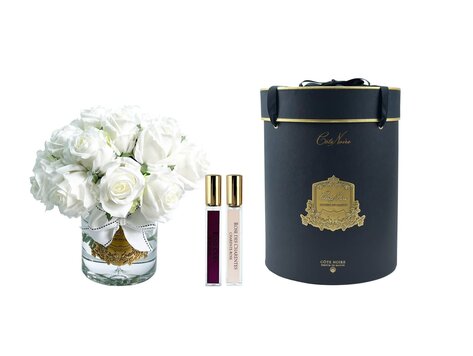 Côte Noire Luxury Grand White Rose Bud Bouquet Gold Badge Black Box