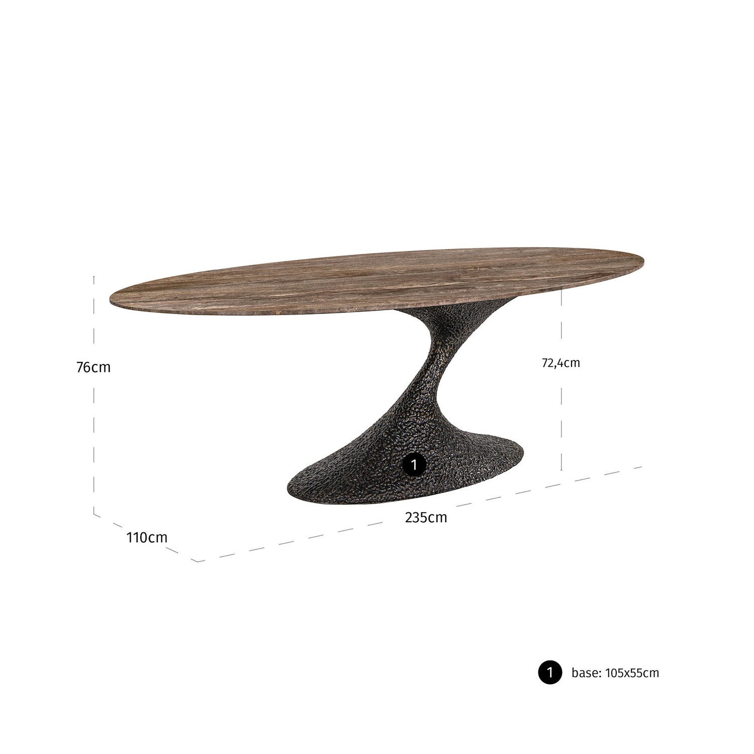 Richmond Interiors Eettafel Russo bruin travertine aluminium ovaal 235 cm