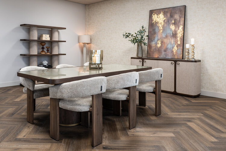 Richmond Interiors Eettafel Willox met glasplaat bruin eiken linnen 235 cm
