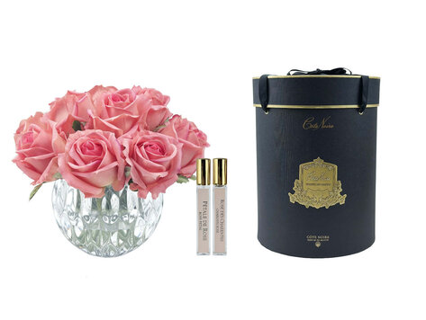 Côte Noire Luxury Round Crystal Vase  Peach Rose Bud Bouquet Black Box