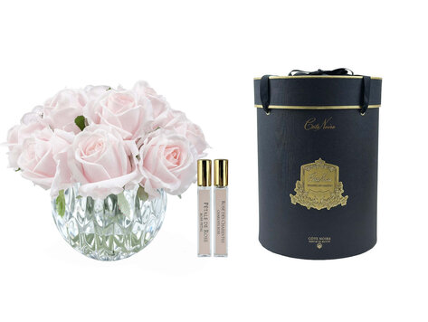 Côte Noire Luxury Round Crystal Vase Pink Rose Bud Bouquet Black Box