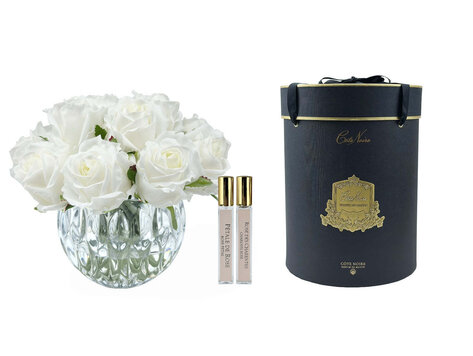Côte Noire Luxury Round Crystal Vase White Rose Bud Bouquet Black Box