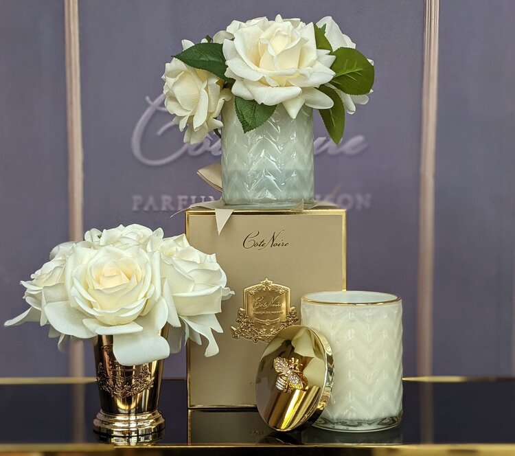 Côte Noire Luxury Champagne Gold Goblet Seven White Roses Bouquet Honey Box