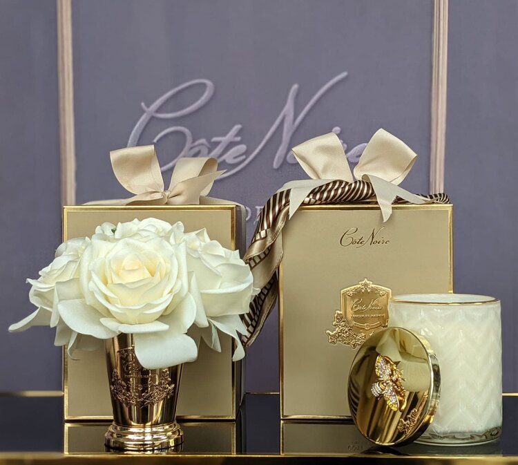 Côte Noire Luxury Champagne Gold Goblet Seven White Roses Bouquet Honey Box