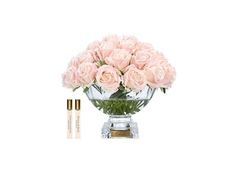 Côte Noire Centre Piece Vase Champagne Pink Rose Buds Gold Badge