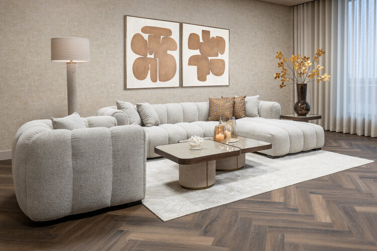 Richmond Interiors Salontafel Willox met glasplaat bruin eiken linnen Set van 2