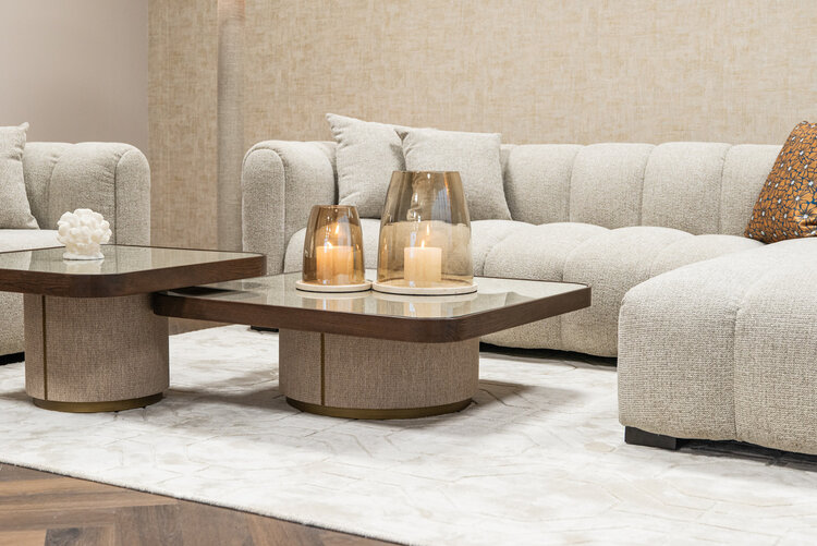 Richmond Interiors Salontafel Willox met glasplaat bruin eiken linnen Set van 2