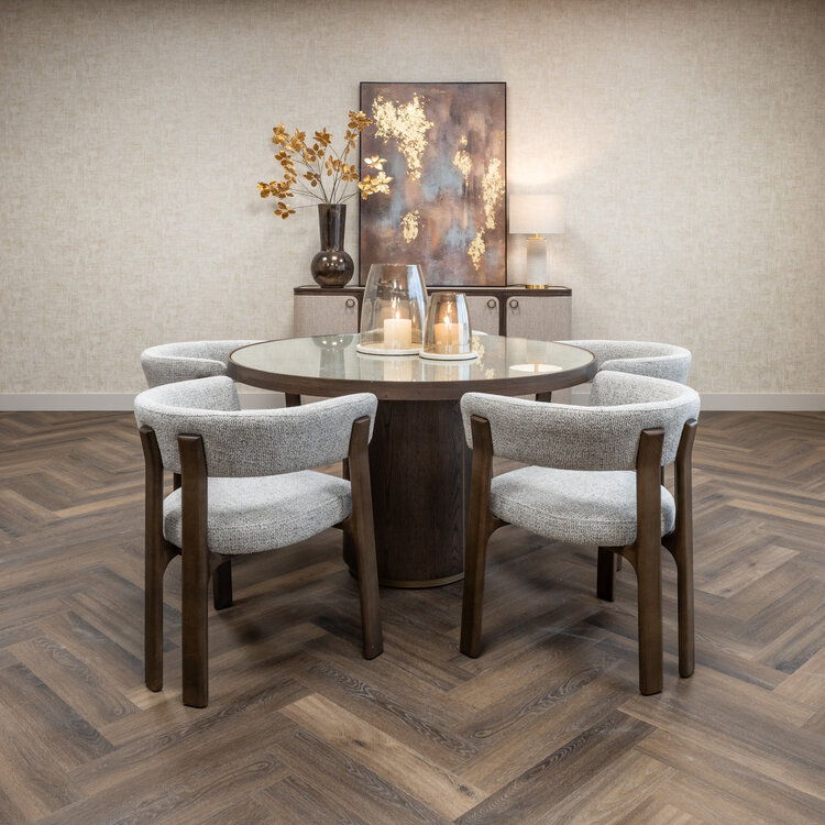 Richmond Interiors Eettafel Willox met glasplaat bruin eiken linnen Ø130 cm