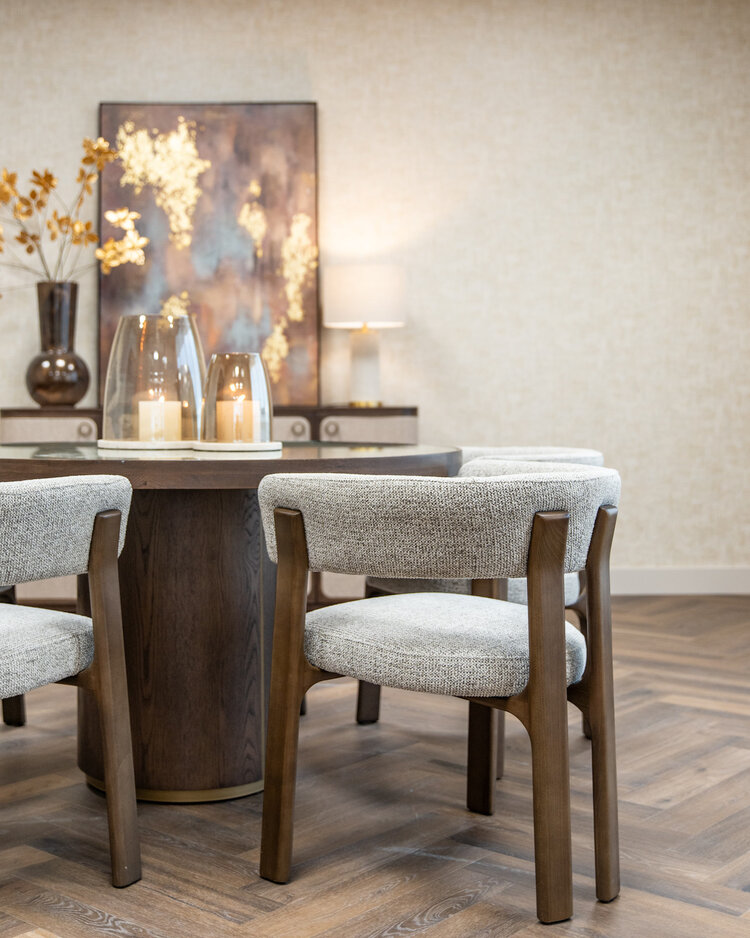 Richmond Interiors Eettafel Willox met glasplaat bruin eiken linnen Ø130 cm