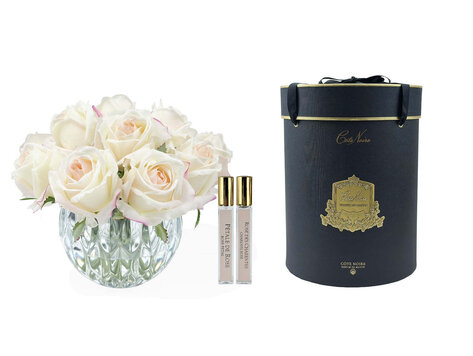 Côte Noire Luxury Round Crystal Vase Blush Rose Bud Bouquet Black Box
