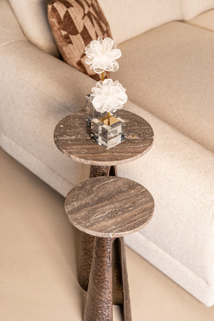 Richmond Interiors Bijzettafel Eldora bronze aluminium travertine Ø30 cm rond