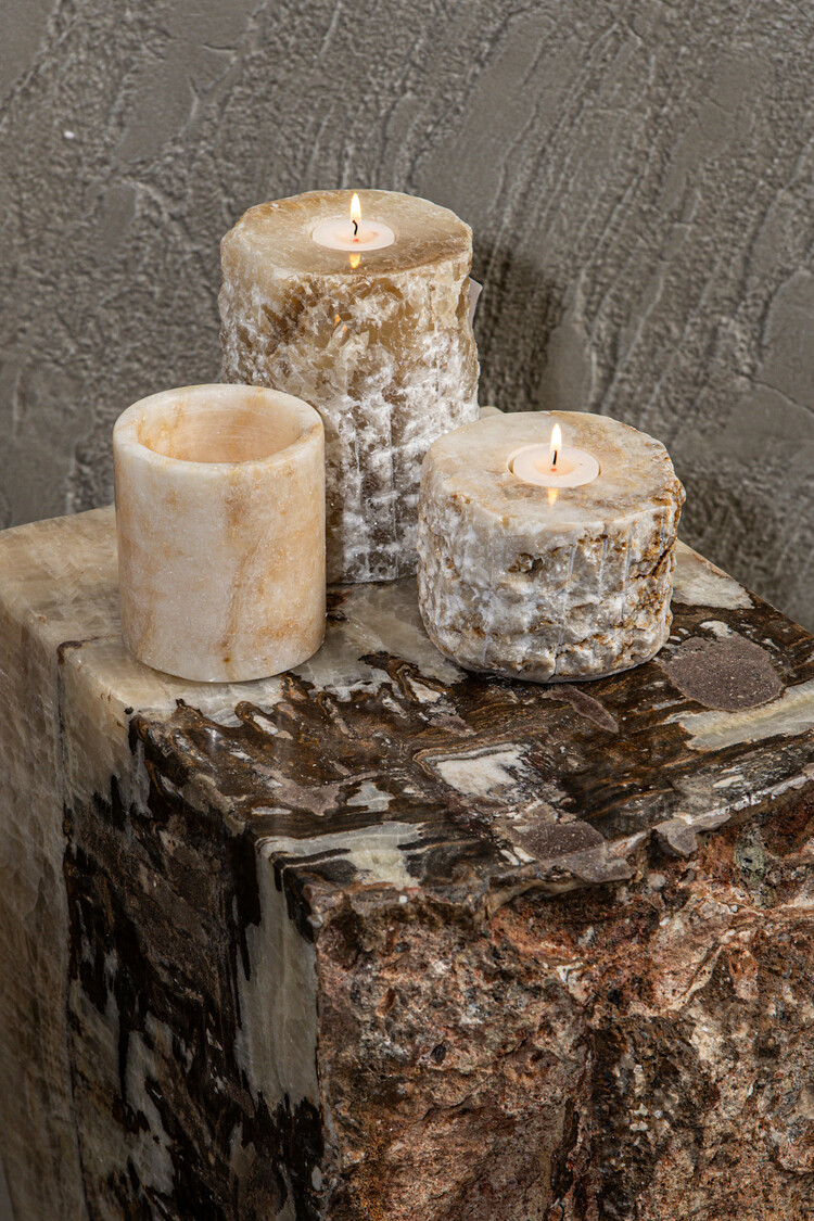 PTMD Collection Yustin Onyx Honey theelicht houder rond rough L
