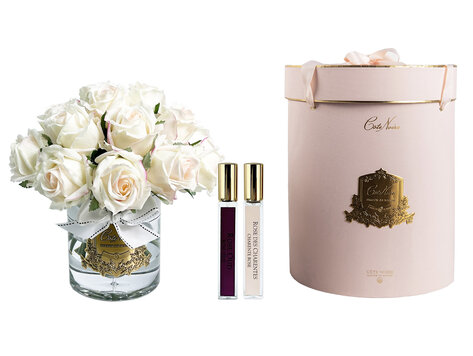 Côte Noire Luxury Grand Pink Blush Rose Bud Bouquet Gold Badge Pink Box