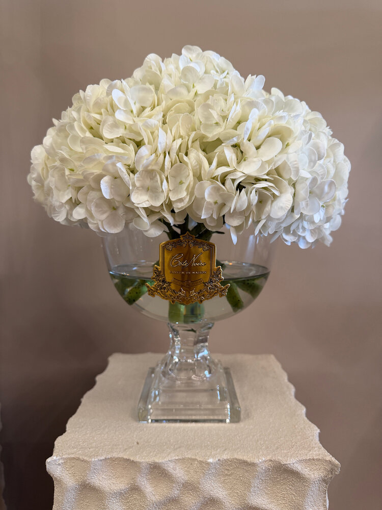 Côte Noire Luxury Provence Hydrangea Bouquet Medium White Gold Badge