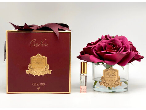 Côte Noire Perfumed Natural Touch 5 Carmine Red Roses Gold Badge Burgundy Box