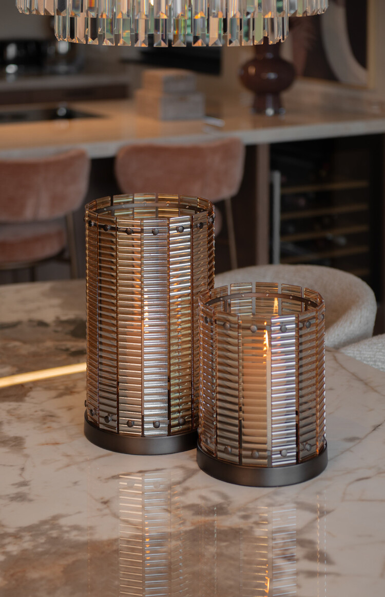 Richmond Interiors Windlicht Crane brown ijzer glas amber bruin groot