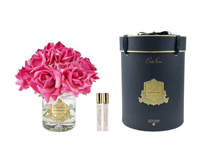 Côte Noire Luxury Grand Magenta Rose Bud Bouquet Gold Badge Black Box