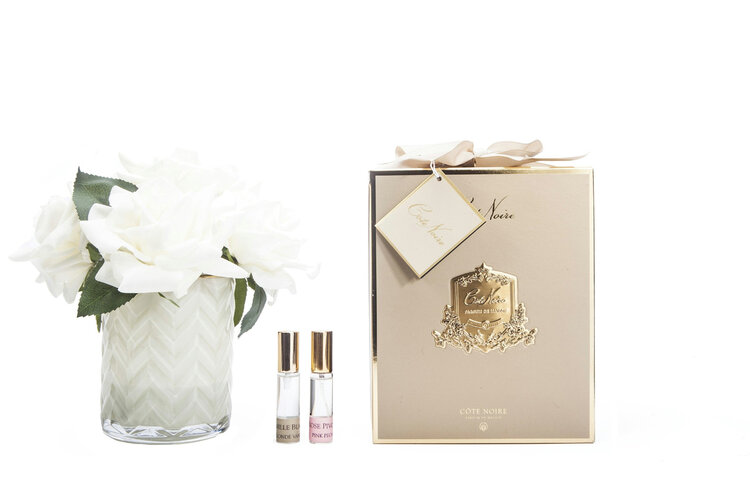 Côte Noire Luxury Herringbone Vase Cream en Champagne Rose Buds Bouquet