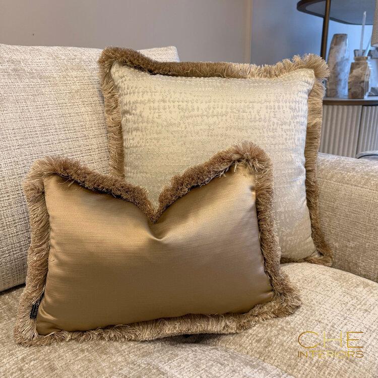 Brons interieur Sierkussen Elise shine fringe met franjes 45x30 cm