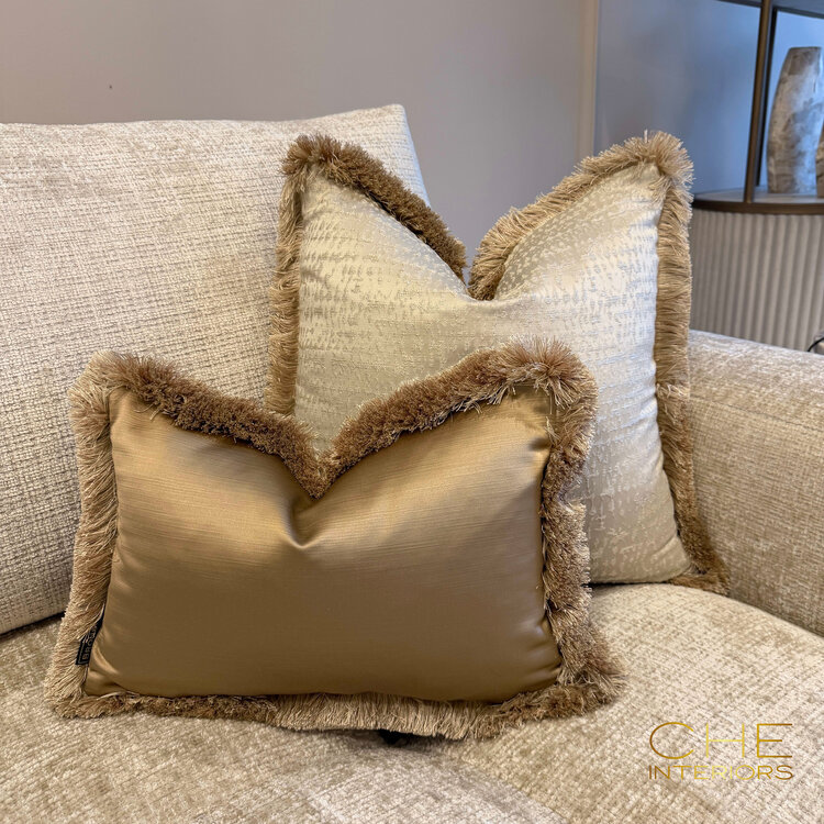 Brons interieur Sierkussen Elise shine fringe met franjes 45x30 cm