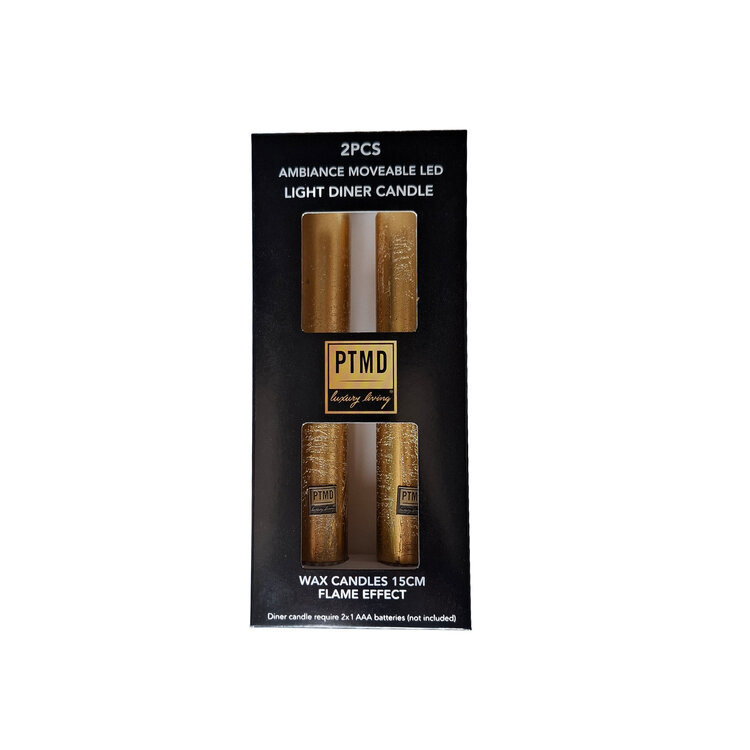 PTMD Collection LED Diner Candle rustiek goud beweegbare vlam Set van 2
